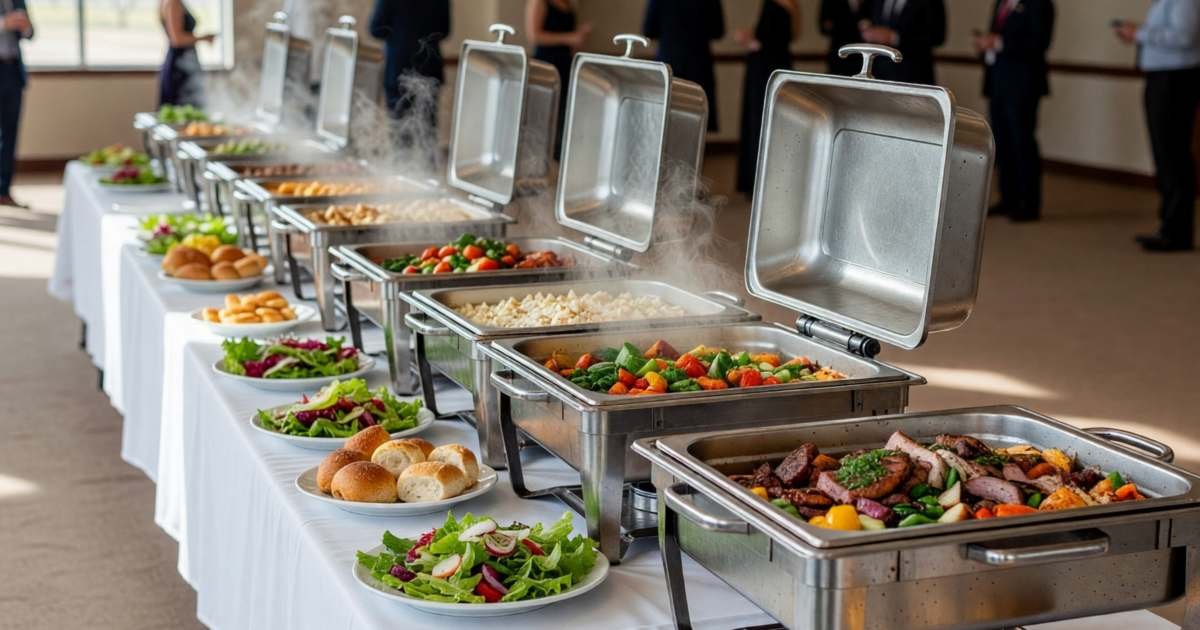 A long buffet table of catered dishes with chafing dishes and servers at a wedding, illustrating wedding catering per-person pricing in Canada.