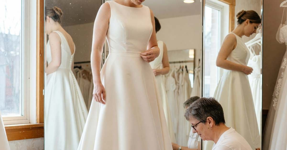 A bride trying on a gown in a small bridal boutique while a seamstress pins the hem, illustrating wedding dress costs, alterations, renting and resale.