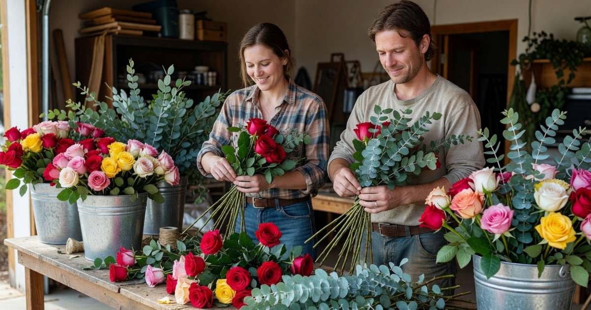 Two friends arranging bulk flowers into centrepieces at a long table, illustrating wedding flowers, DIY, bulk or florist.