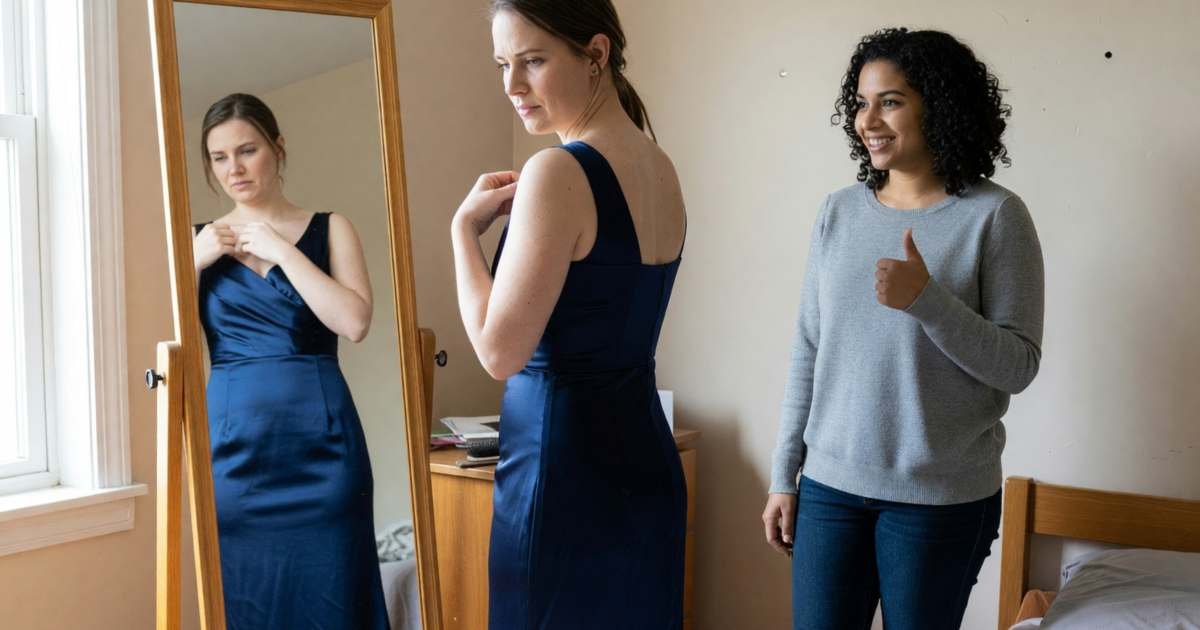 A woman trying on a rented formal gown in front of a mirror while her friend nods approvingly, illustrating wedding and formal outfits on a budget.