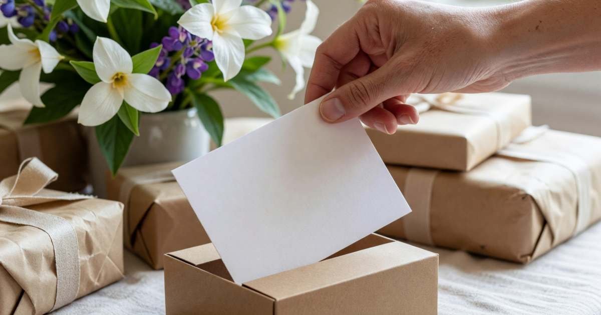A hand slipping a plain white card into a wedding card box on a gift table, illustrating how much to give as a wedding gift in Canada.