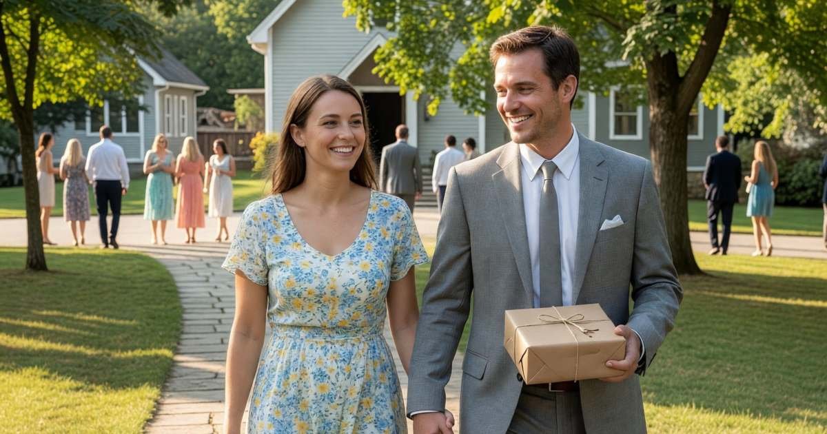 A smiling couple dressed as wedding guests, a woman in a floral dress and a man in a grey suit, walking up a church path holding a wrapped gift box, illustrating the real cost of being a wedding guest in Canada.