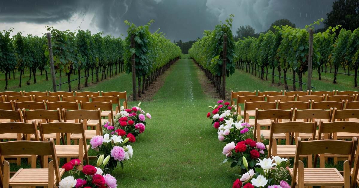 An outdoor wedding ceremony setup with empty chairs under grey storm clouds, illustrating wedding insurance, cancellation versus liability.