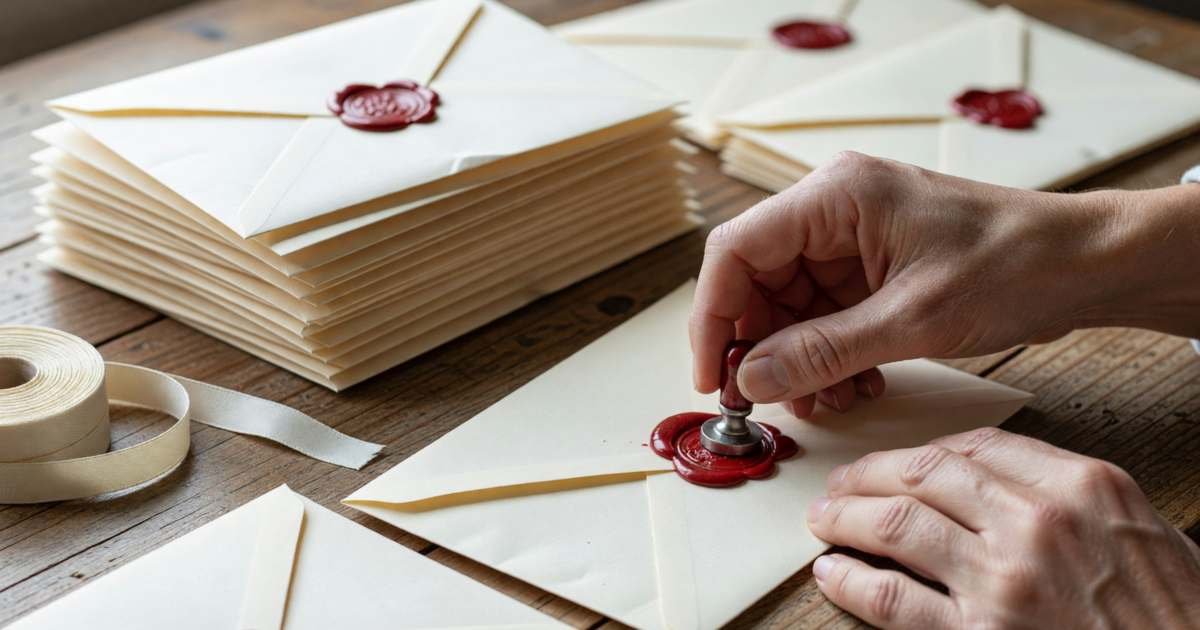 Hands sealing plain cream envelopes with wax seals at a table, illustrating wedding invitations and postage costs in 2026.