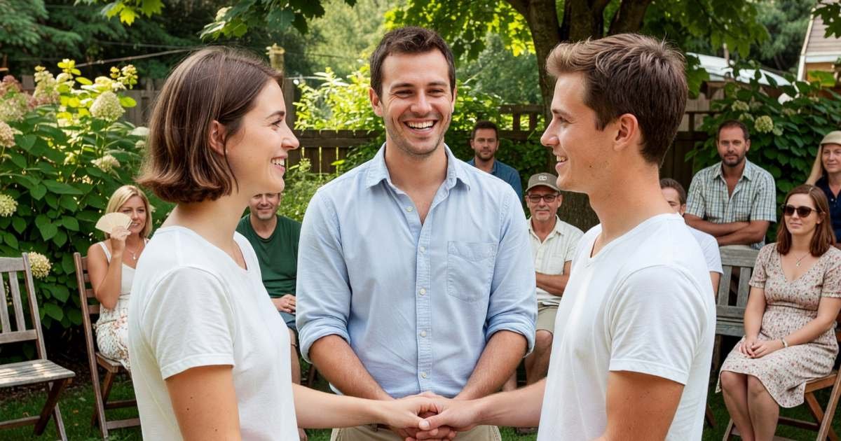 A friend officiating a small garden wedding ceremony, smiling as the couple holds hands, illustrating wedding officiant fees and having a friend officiate.
