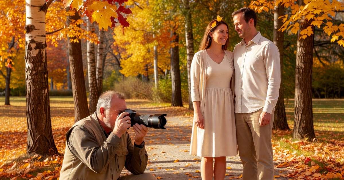 A wedding photographer crouching to photograph a couple under autumn trees, illustrating wedding photographer costs in Canada.