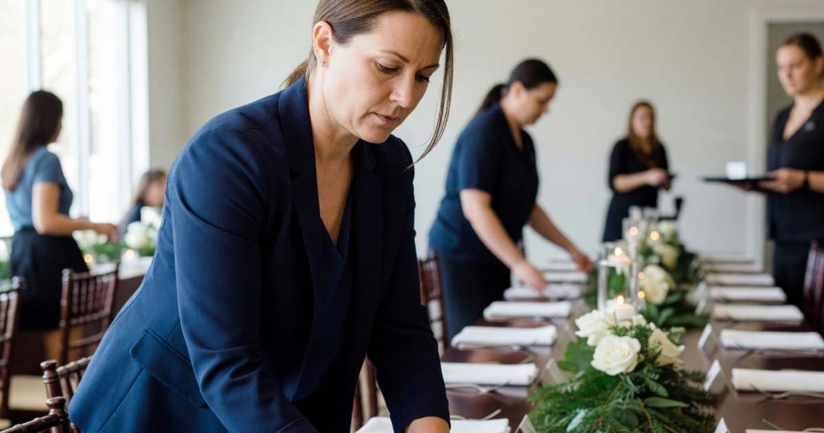 A wedding coordinator adjusting place settings at a reception table before guests arrive, illustrating wedding planner versus day-of coordinator.