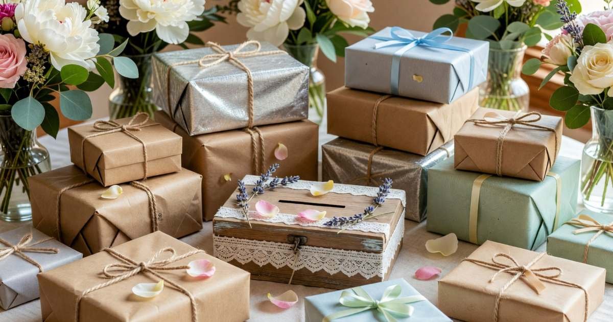 A gift table at a wedding reception with wrapped boxes and a decorated card box, illustrating registry versus cash fund versus honeymoon fund.
