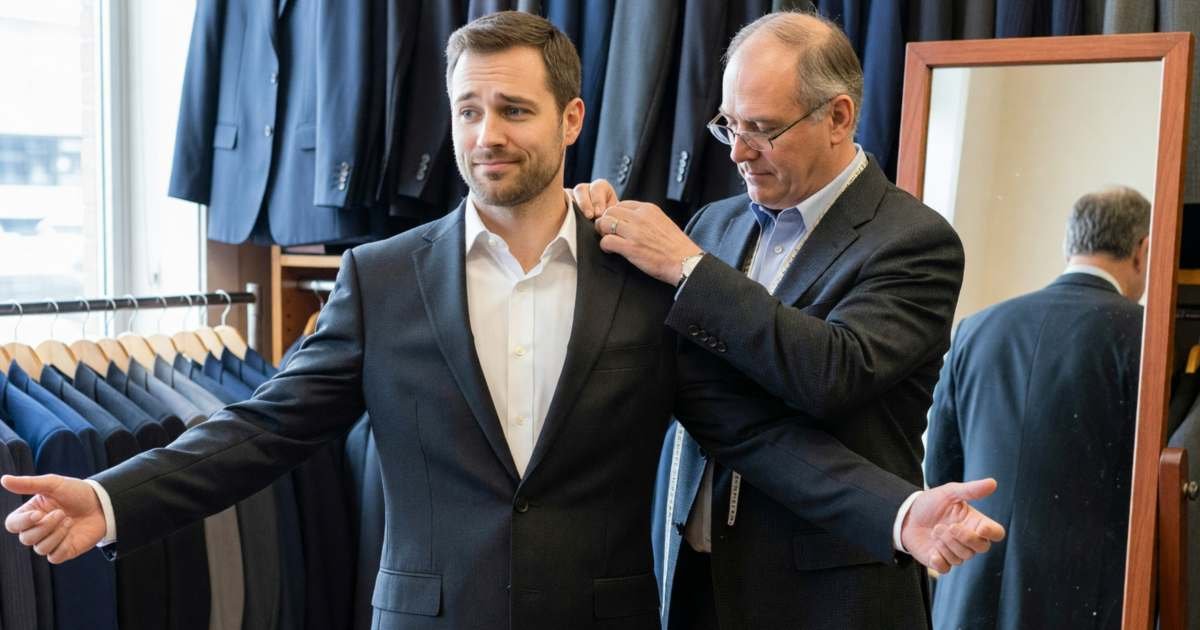 A groom being fitted for a suit jacket by a tailor in a men's clothing shop, illustrating renting or buying a wedding suit or tux.