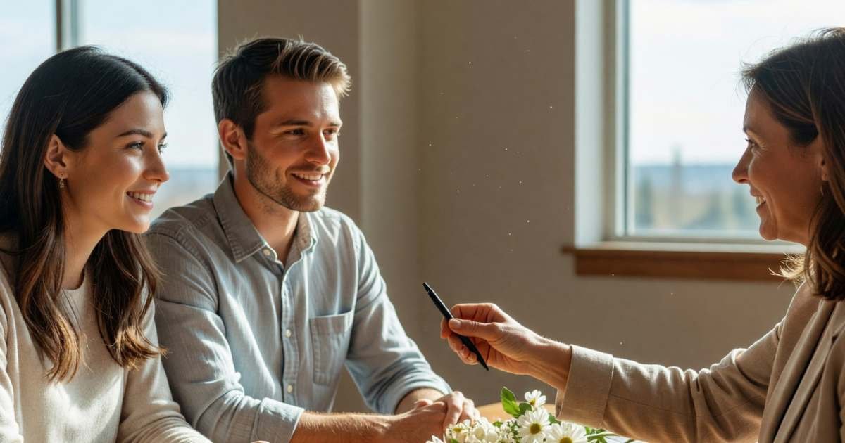 An engaged couple sitting across a table from a wedding venue manager who is handing them a pen, a closed folder in front of them, illustrating wedding vendor contracts and red flags.