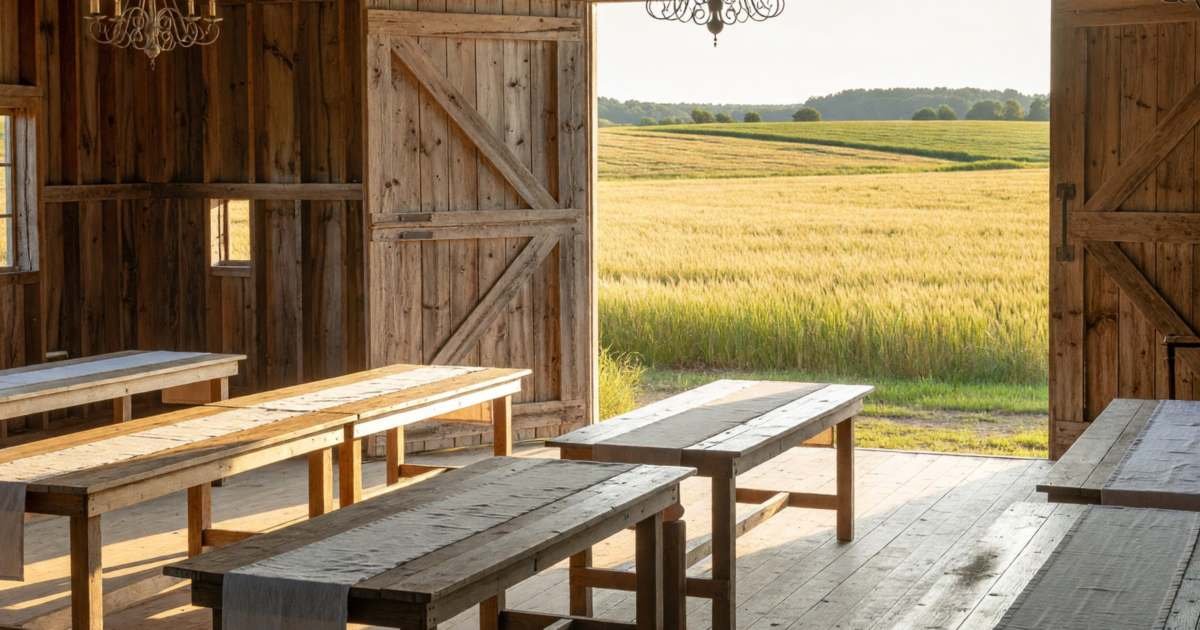 An empty heritage barn venue set for a wedding reception with long wooden tables and chandeliers, illustrating wedding venue types and costs in Canada.