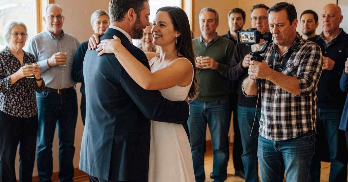 A videographer filming a couple's first dance with a handheld stabilizer, illustrating whether a wedding videographer is worth it.