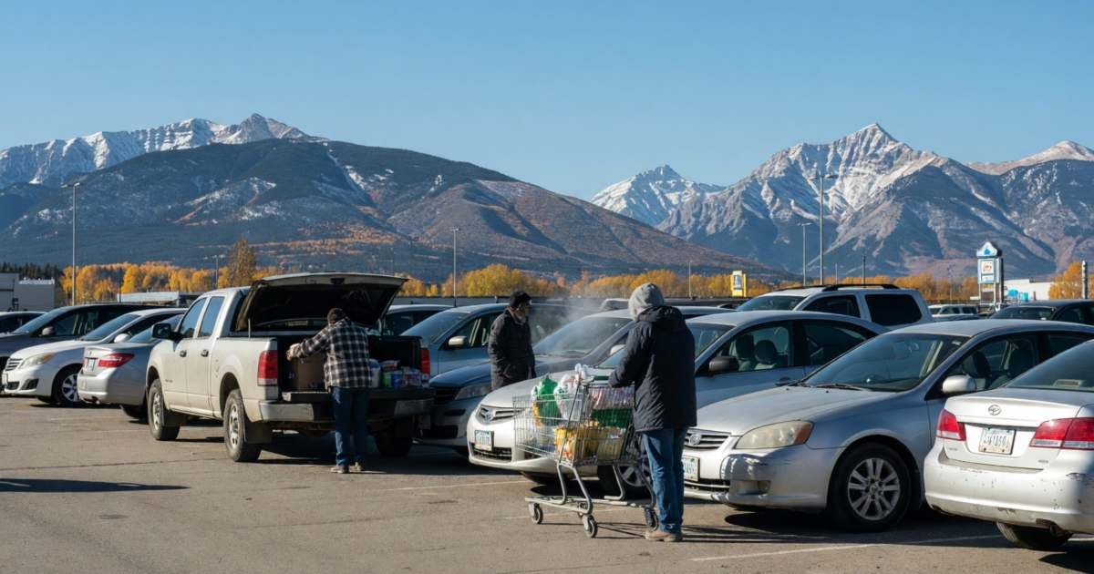 A supermarket parking lot with mountains on the horizon, a few shoppers loading cars, illustrating a Western Canada grocery strategy.