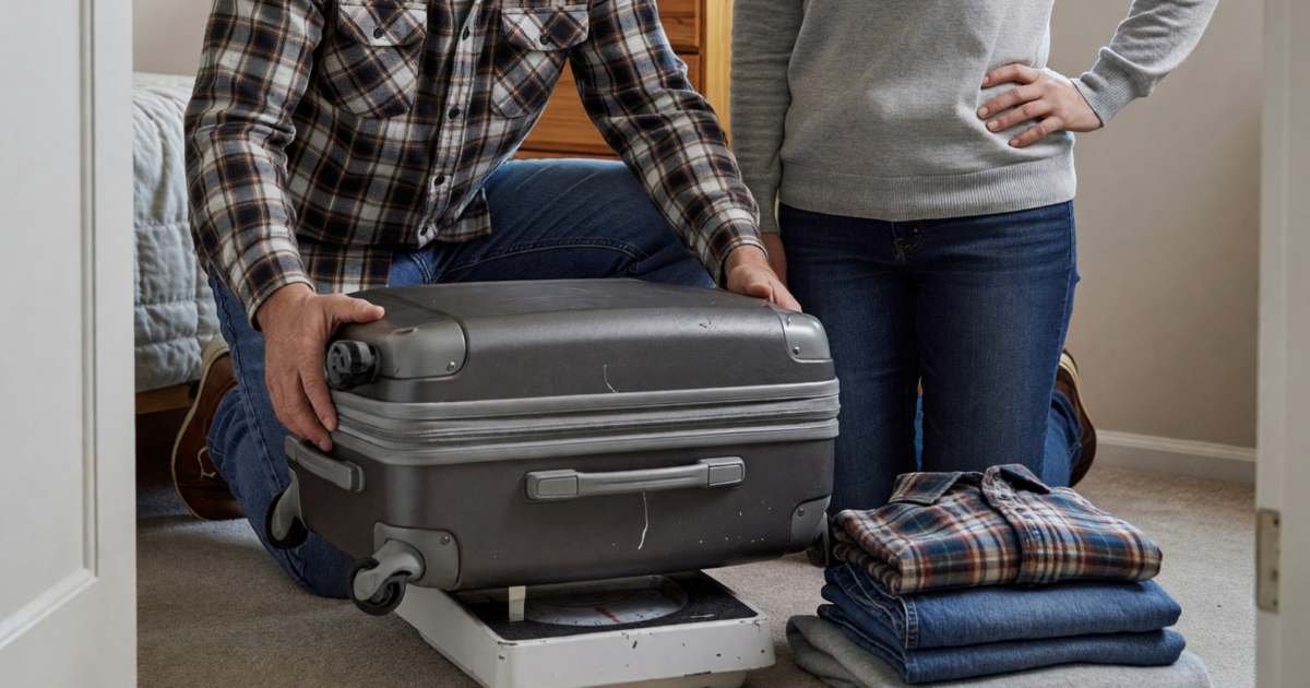 A traveller weighing a carry-on suitcase on a bathroom scale at home before a trip, illustrating prepaying bags on WestJet UltraBasic versus Econo.