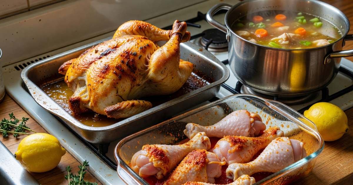 A roast whole chicken, a tray of marinated drumsticks and a pot of chicken soup on a stovetop and counter, illustrating what to cook when chicken hits a stock-up price.