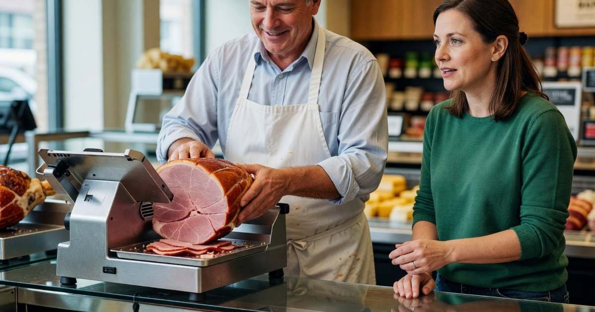 A customer chatting with a deli clerk who is slicing fresh ham at a full-service grocery deli counter, illustrating when full-service grocery stores still make sense in Canada.