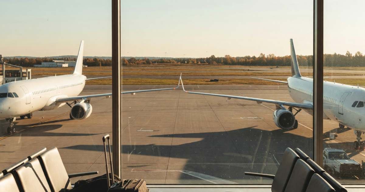 A large airport window overlooking parked passenger jets and a runway at sunrise, illustrating when to book flights from Canada.