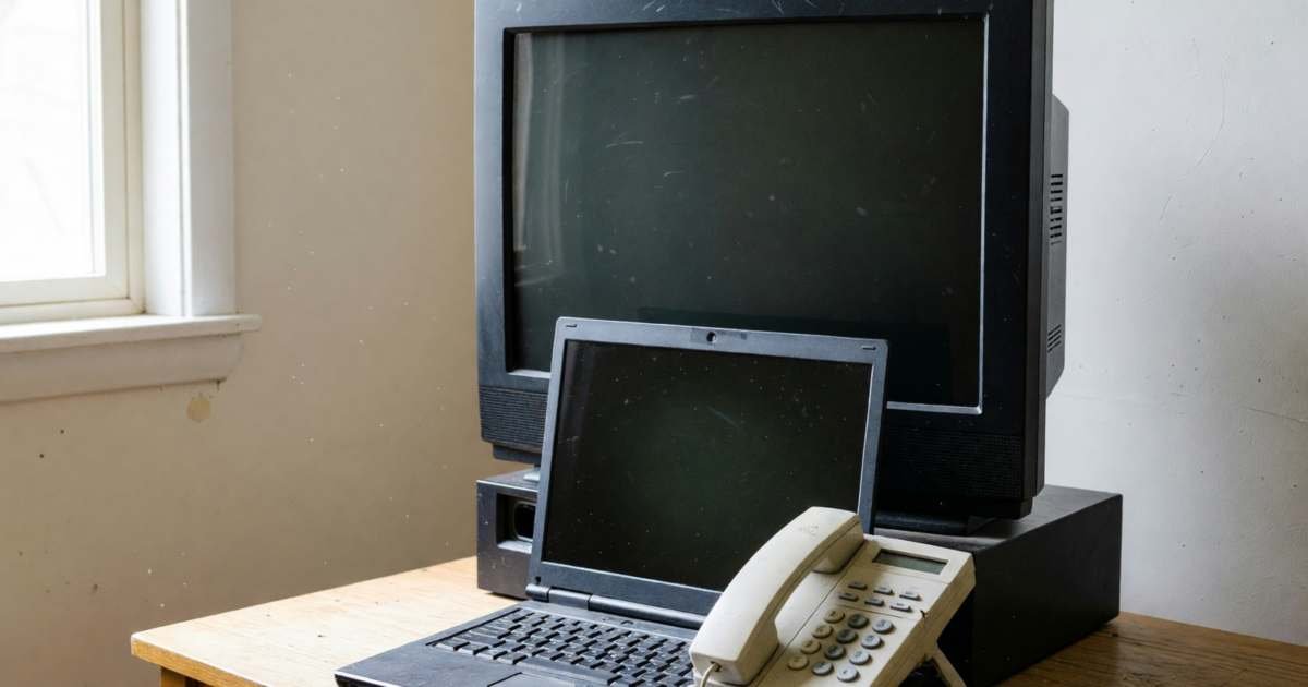 An old flat-screen TV, an old phone and an aging laptop stacked on a desk in a spare room, illustrating when to upgrade a phone, laptop or TV.