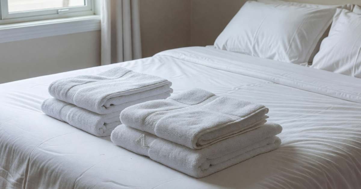 A neatly made bed with crisp white sheets and folded towels stacked at the foot, illustrating where to buy bedding and towels in Canada now that The Bay is gone.