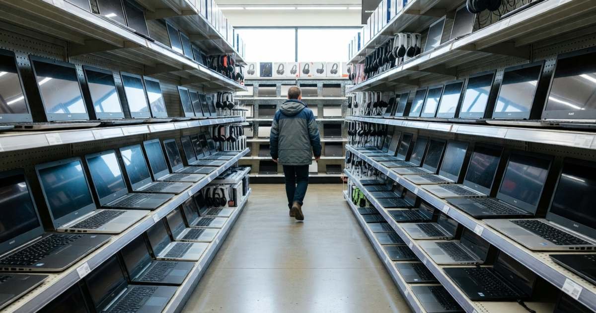 A big-box electronics store aisle with laptops and headphones on display, a shopper walking away, illustrating where to buy electronics in Canada.