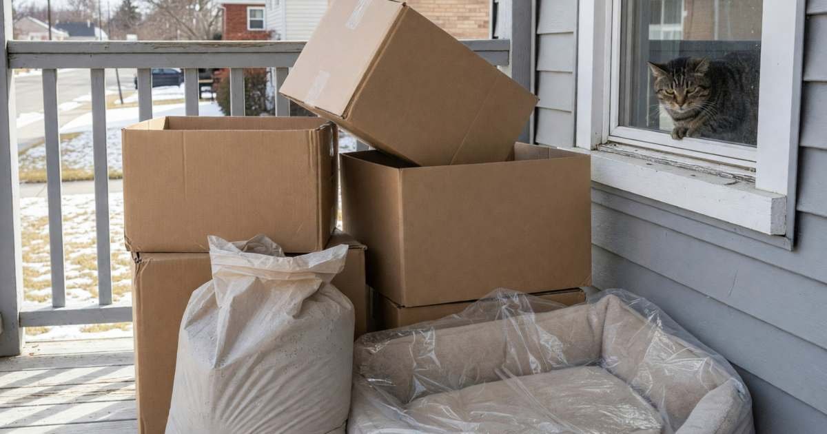 A pile of pet supplies on a front porch, plain boxes, a bag of litter and a new dog bed, illustrating where to buy pet supplies for less in Canada.