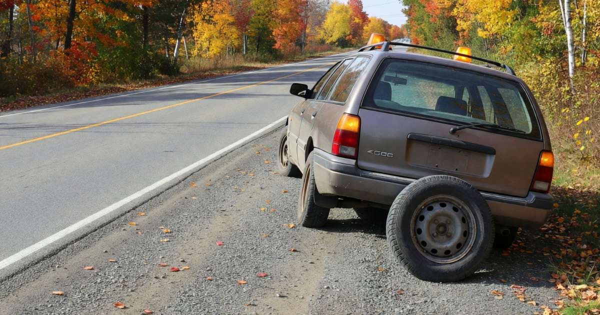 A family car with a flat tire pulled onto the gravel shoulder of a rural highway, hazard lights on, illustrating where to park an emergency fund in Canada.
