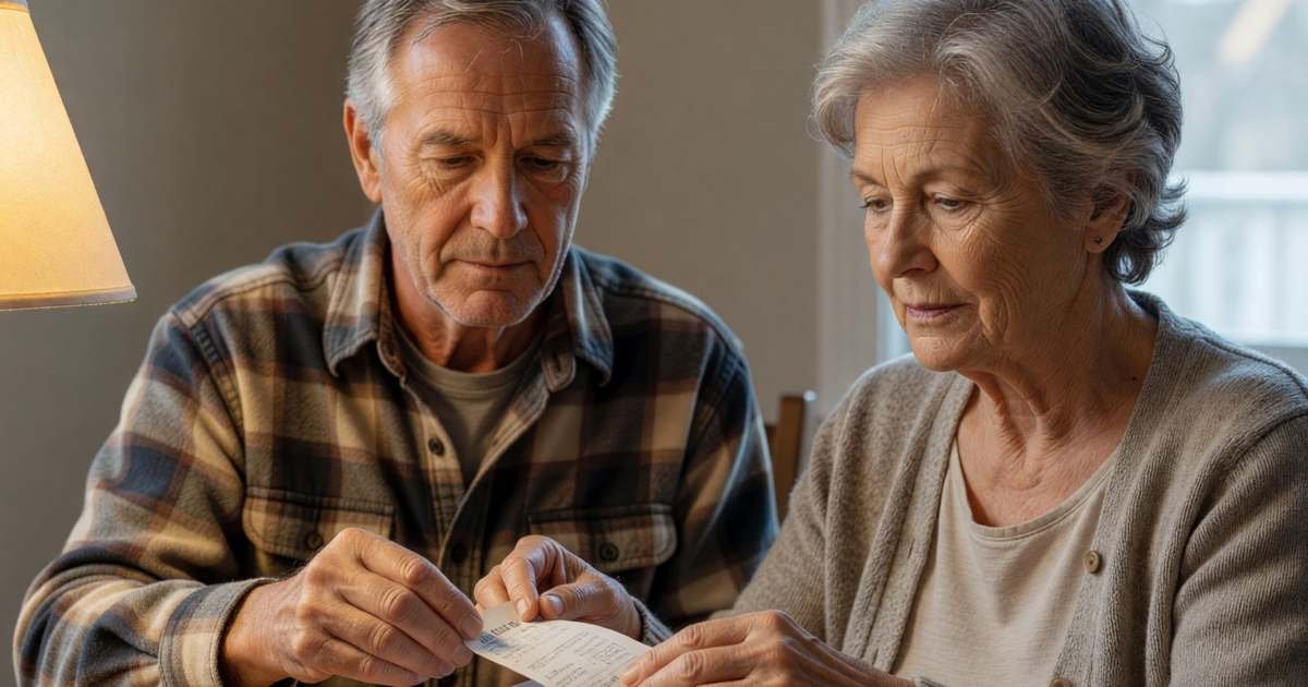 A couple in their sixties at the dining table sorting a shoebox of pharmacy receipts together, illustrating which spouse should claim medical expenses.