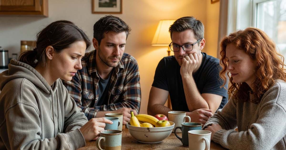 Four housemates sitting around a kitchen table splitting the cost of the bills, one counting on her fingers, illustrating splitting utilities in a Canadian shared house.