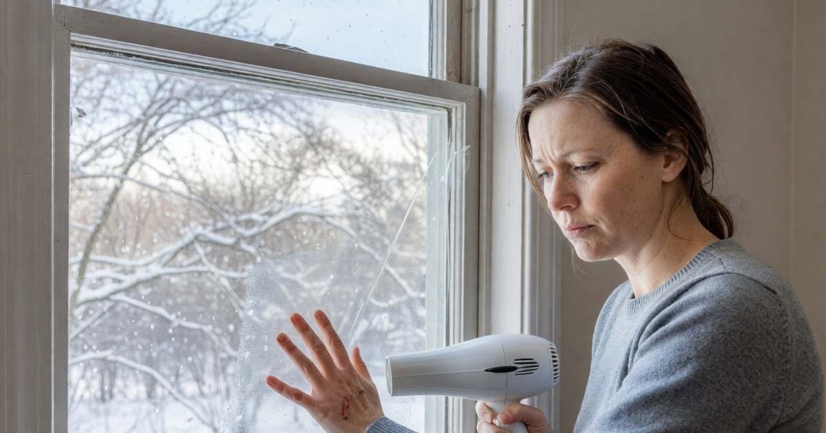 A woman applying clear window insulation film to a window frame with a hair dryer, illustrating window film and interior storm windows in Canada.