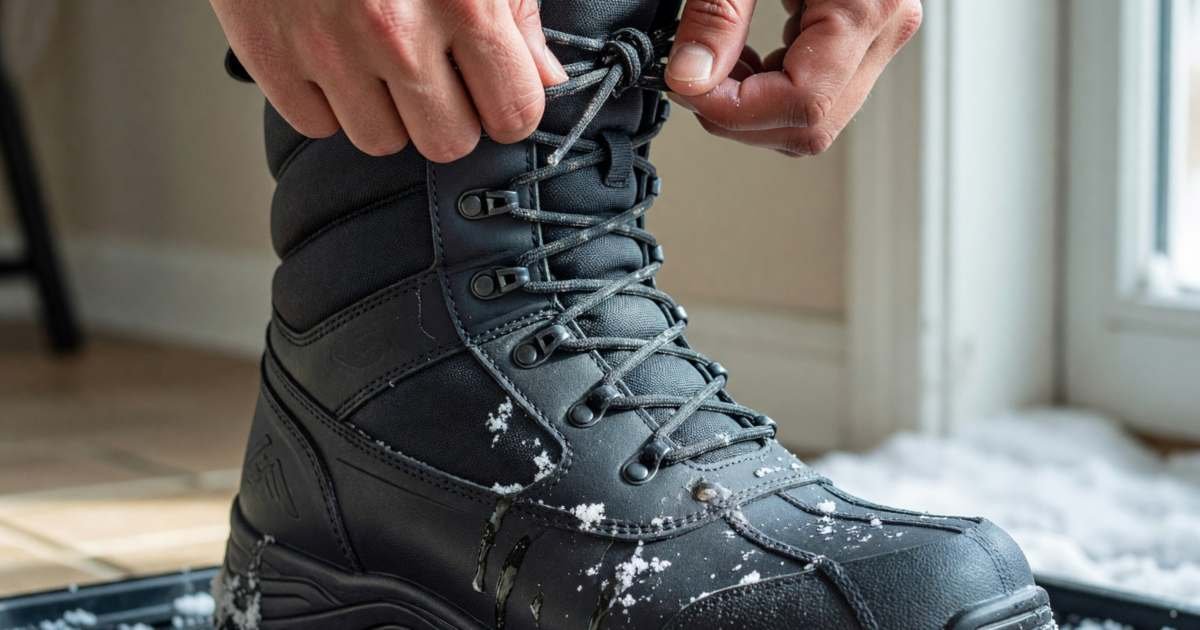 Close-up of a person's hands lacing up a sturdy insulated winter boot with a deep lug sole, illustrating buying winter boots in Canada on a budget.