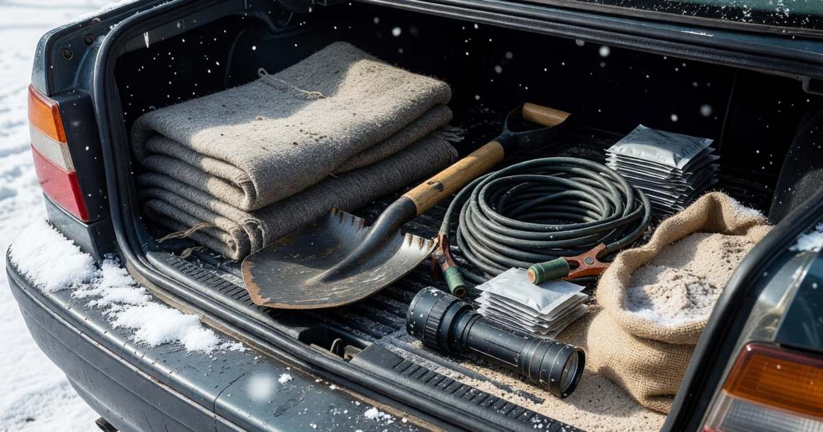 An open car trunk with a neatly packed winter emergency kit: a folded wool blanket, a small shovel, booster cables, a flashlight, hand warmers and a bag of sand, illustrating building a winter car emergency kit in Canada.