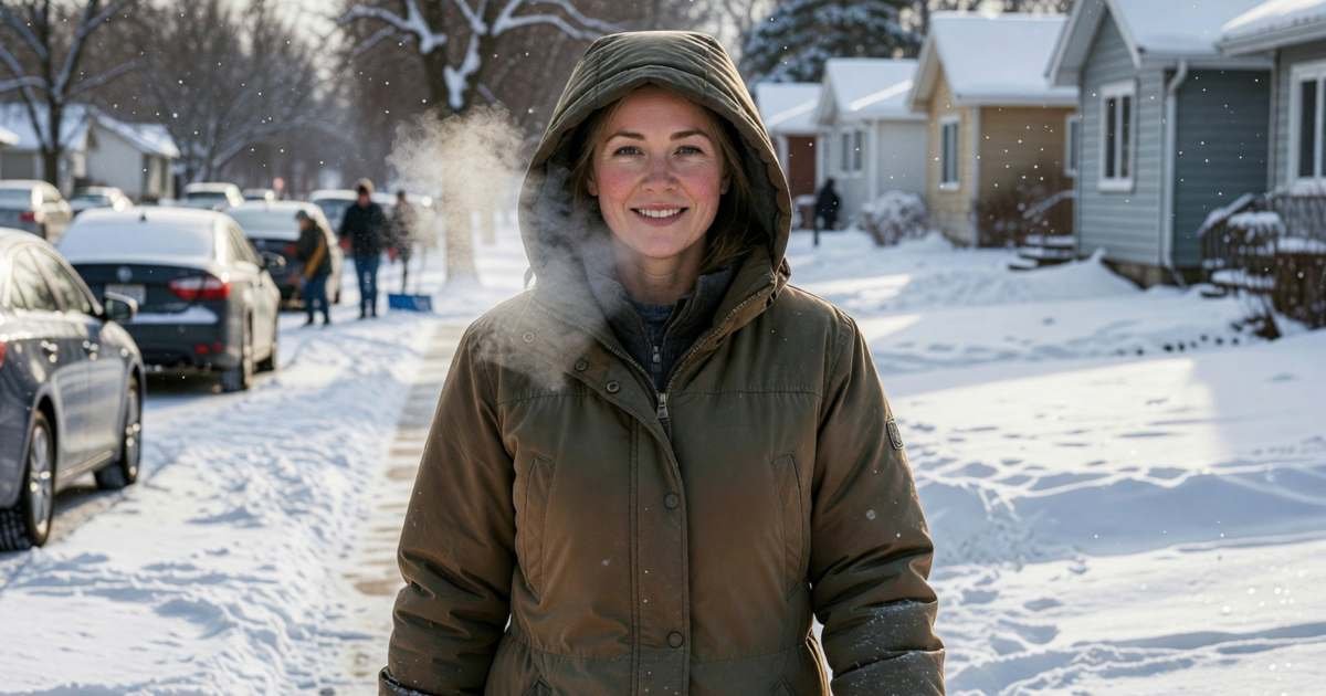 A woman in a long warm winter parka with the hood up walking to work along a snowy sidewalk, illustrating buying a winter coat in Canada and its cost per wear.