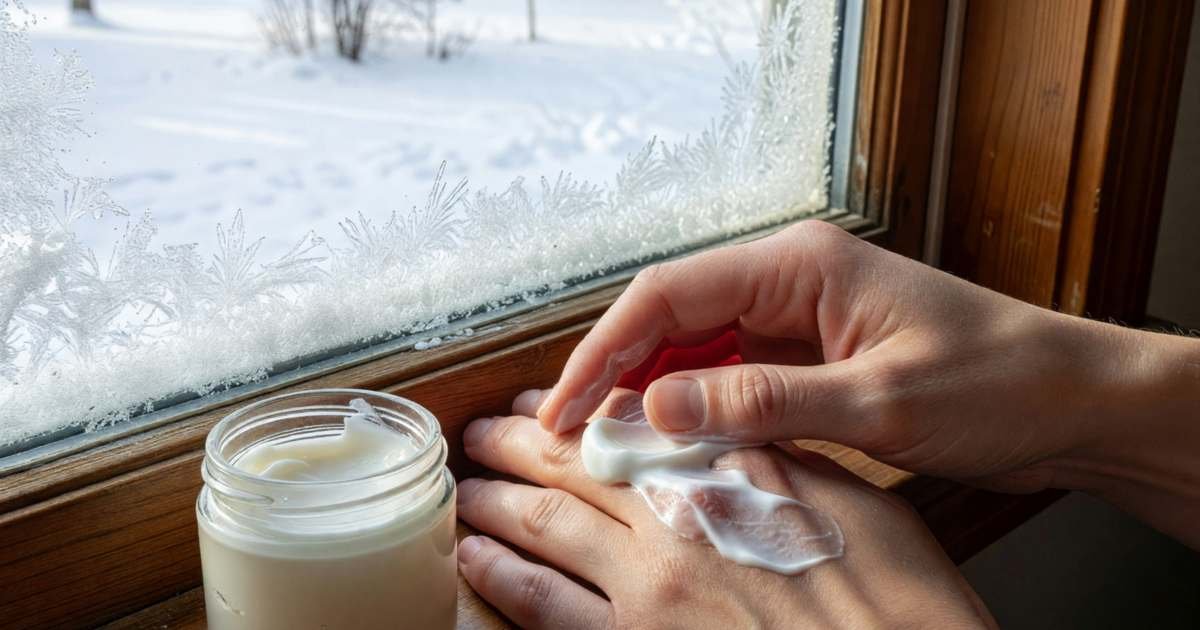 Close-up of a person's hands rubbing moisturising cream into dry knuckles, illustrating treating winter dry skin on a budget in Canada.