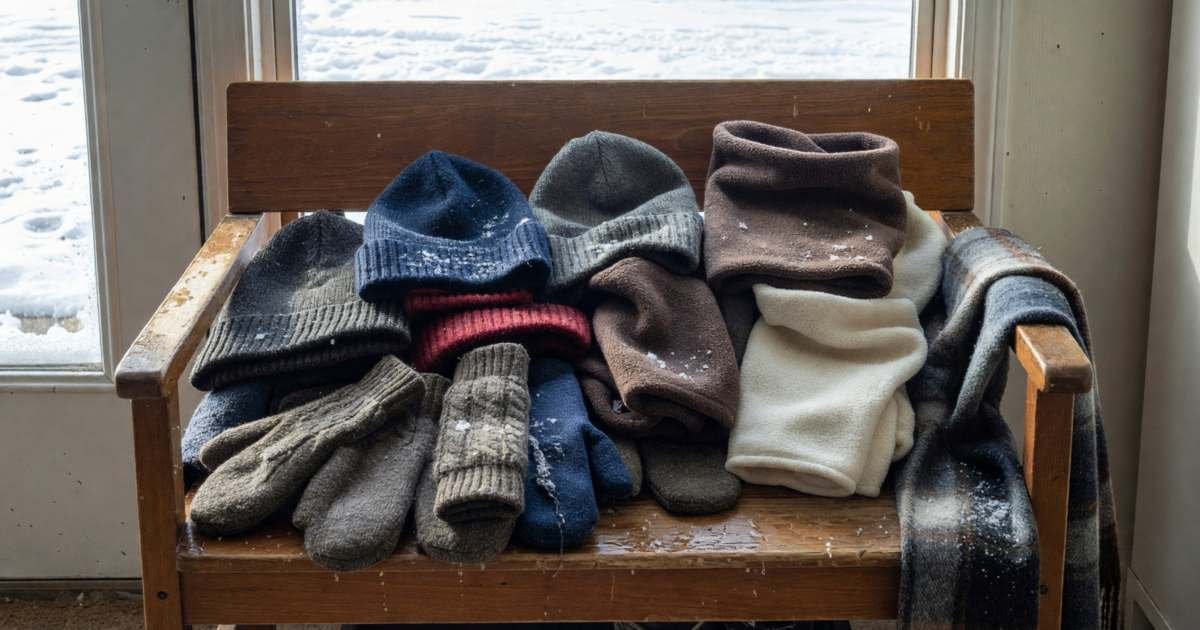 A wooden bench in a home entryway with a jumble of knitted toques, wool mitts, fleece neck warmers and a scarf, illustrating winter hats, mitts and neck warmers on a budget in Canada.