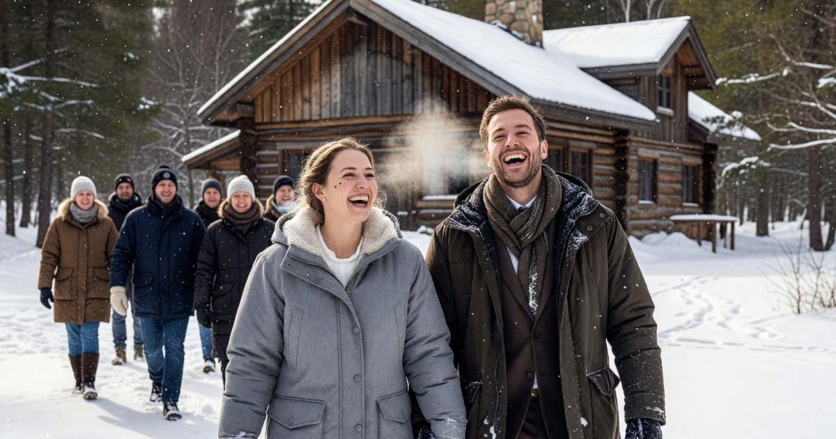 A bride and groom laughing as they walk through a snowy forest clearing in winter coats over their wedding clothes, illustrating winter and off-season wedding discounts in Canada.