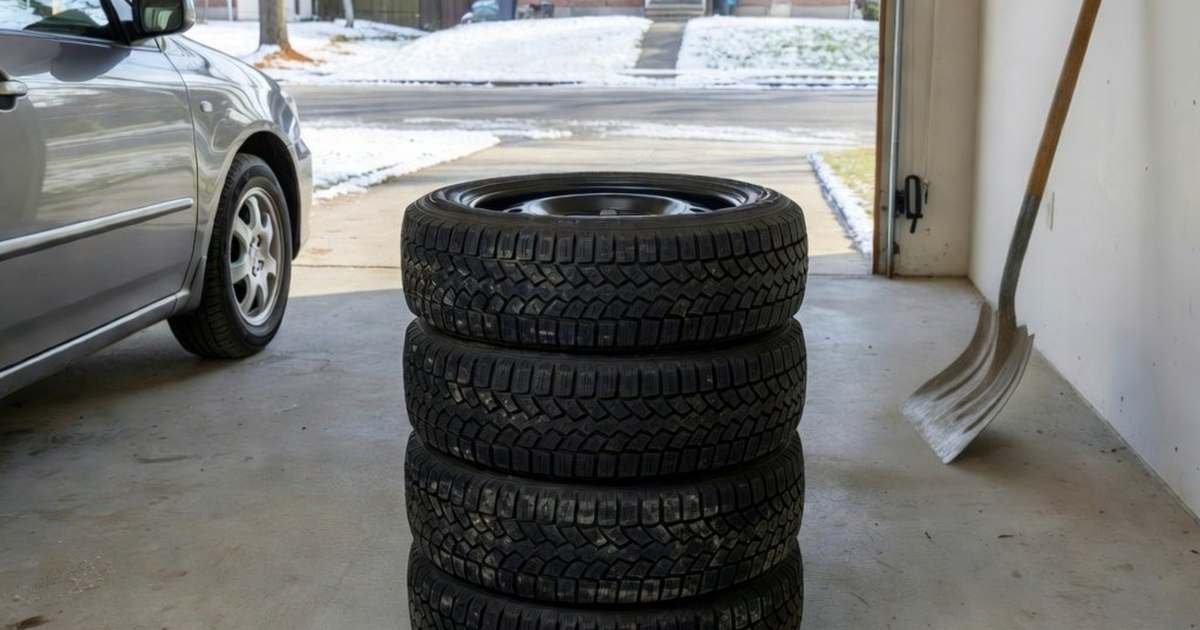 A stack of four winter tires on steel rims in a Canadian home garage beside a car, with the first snow on the driveway outside, illustrating how to budget for winter tires in Canada.