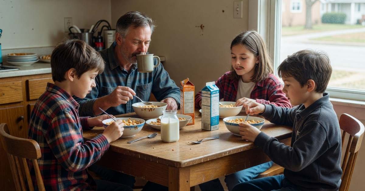 A family of four having breakfast together at a kitchen table on a weekday morning, illustrating workplace group life versus personal term insurance.