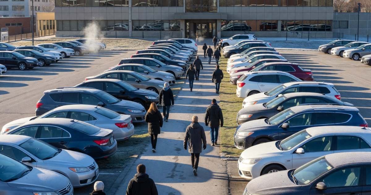 An employee parking lot outside a suburban office building in the morning with commuters walking in, illustrating whether employer parking is a taxable benefit in Canada.