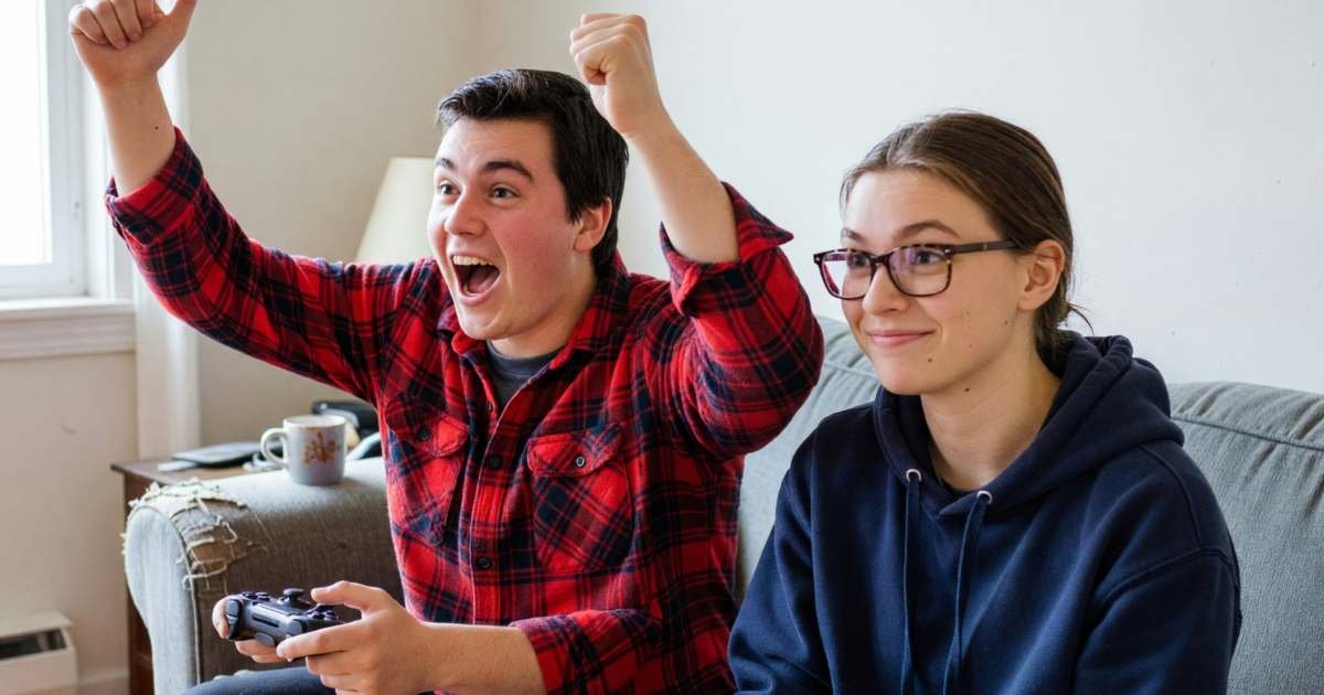 Two young adults playing video games on a couch, one celebrating, illustrating Xbox Game Pass versus PlayStation Plus.