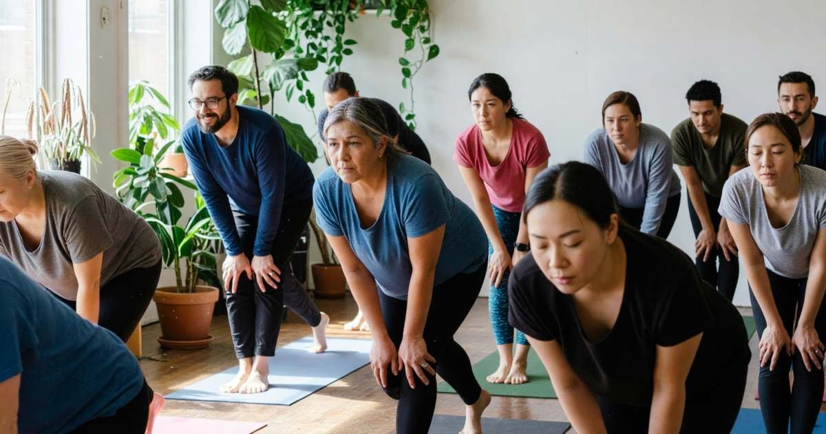 A yoga class in a bright studio with participants in a pose, illustrating yoga and Pilates class packs versus membership.