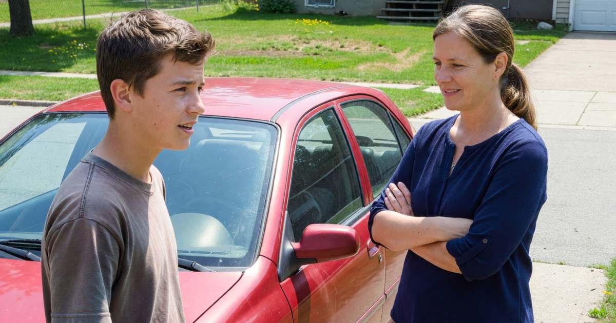 A teenage boy with his mother looking at a small used hatchback in the driveway, illustrating lowering a young driver's auto insurance premium.
