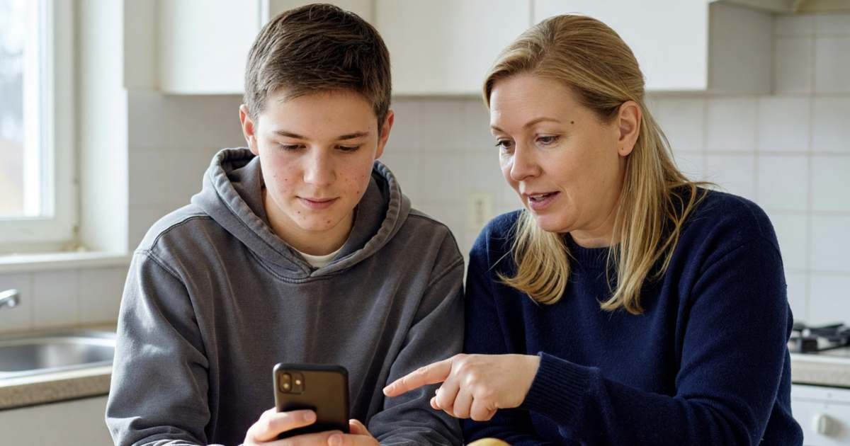 A teenage boy and his mother sitting side by side at a kitchen island, the teen holding a smartphone and the mother pointing at it and explaining something, illustrating kids' and youth bank accounts in Canada.