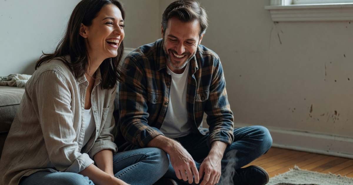 A couple sitting cross-legged on their living room floor sorting a few blank envelopes into groups, laughing together, illustrating zero-based budgeting for Canadian households.
